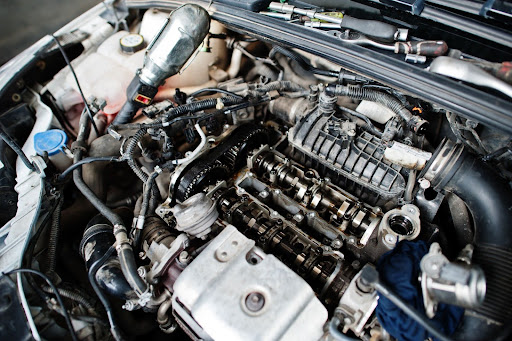 Overhead view of a car engine ready for service and maintenance.